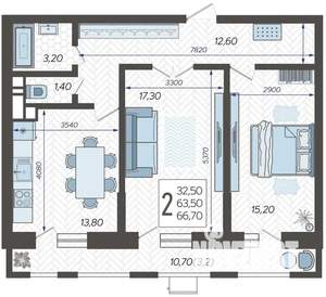 2-к квартира, строящийся дом, 68м2, 3/12 этаж