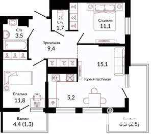 2-к квартира, вторичка, 63м2, 8/22 этаж