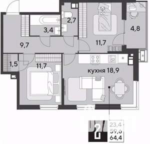 2-к квартира, строящийся дом, 64м2, 8/18 этаж