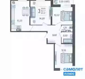 3-к квартира, вторичка, 68м2, 3/12 этаж