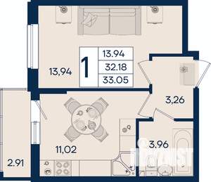 1-к квартира, вторичка, 33м2, 2/18 этаж