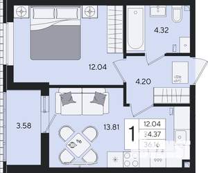 1-к квартира, вторичка, 36м2, 2/9 этаж