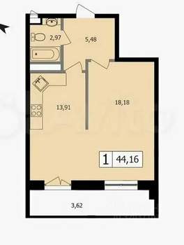 1-к квартира, вторичка, 44м2, 10/16 этаж