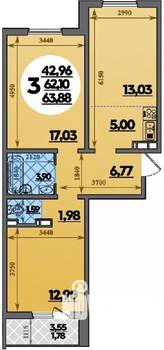 3-к квартира, строящийся дом, 64м2, 3/8 этаж