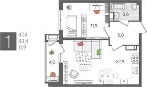 1-к квартира, вторичка, 47м2, 19/24 этаж