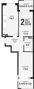 2-к квартира, вторичка, 60м2, 3/4 этаж