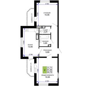 2-к квартира, вторичка, 65м2, 2/19 этаж
