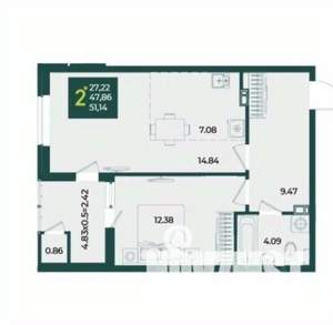 2-к квартира, вторичка, 51м2, 13/18 этаж