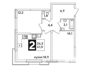 2-к квартира, вторичка, 61м2, 3/16 этаж