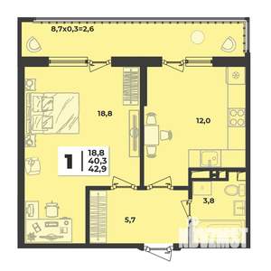 1-к квартира, строящийся дом, 43м2, 9/9 этаж