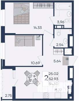 2-к квартира, вторичка, 54м2, 13/18 этаж