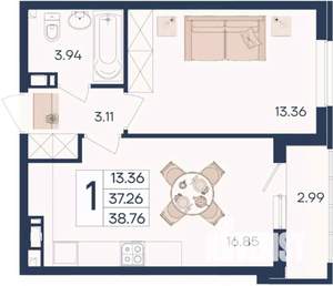 1-к квартира, вторичка, 39м2, 4/18 этаж