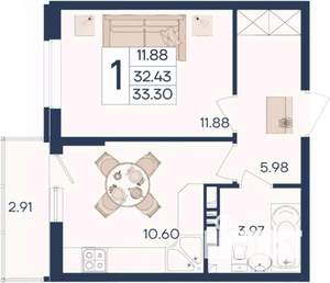 1-к квартира, вторичка, 33м2, 7/18 этаж
