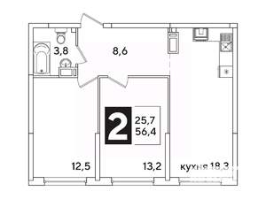 2-к квартира, вторичка, 56м2, 12/16 этаж