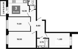 3-к квартира, вторичка, 69м2, 1/12 этаж