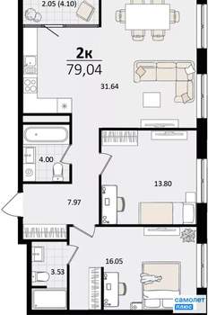 2-к квартира, вторичка, 79м2, 16/18 этаж
