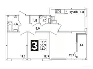 3-к квартира, вторичка, 72м2, 12/16 этаж