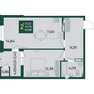 2-к квартира, вторичка, 51м2, 16/18 этаж