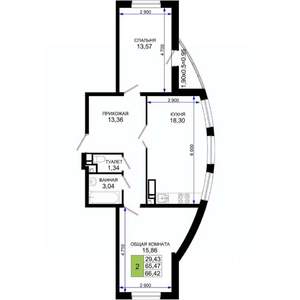 2-к квартира, вторичка, 66м2, 6/19 этаж