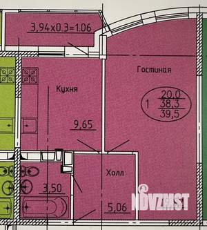 1-к квартира, сданный дом, 39м2, 14/22 этаж