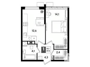 1-к квартира, вторичка, 38м2, 4/16 этаж