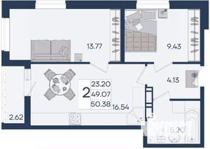 2-к квартира, вторичка, 50м2, 8/18 этаж