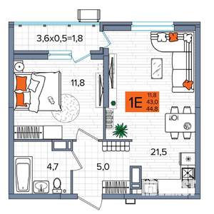 1-к квартира, сданный дом, 45м2, 16/16 этаж