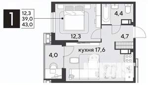 1-к квартира, строящийся дом, 43м2, 13/18 этаж