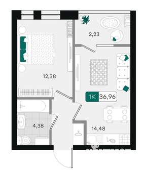 1-к квартира, вторичка, 37м2, 2/18 этаж
