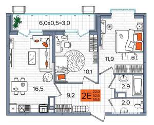 2-к квартира, сданный дом, 55м2, 16/16 этаж