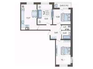 3-к квартира, вторичка, 74м2, 16/19 этаж