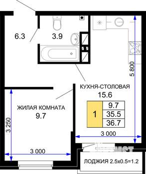 1-к квартира, строящийся дом, 37м2, 13/16 этаж