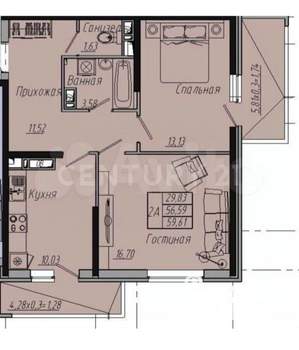 2-к квартира, сданный дом, 60м2, 18/19 этаж