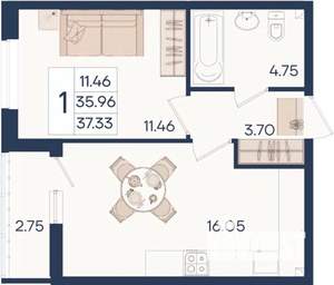 1-к квартира, вторичка, 37м2, 2/18 этаж