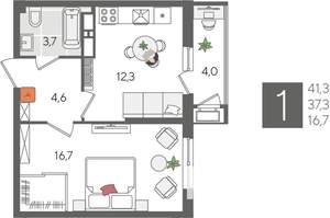 1-к квартира, вторичка, 41м2, 14/24 этаж