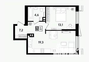 1-к квартира, строящийся дом, 44м2, 6/18 этаж