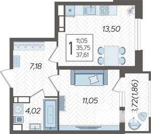 1-к квартира, строящийся дом, 39м2, 21/23 этаж