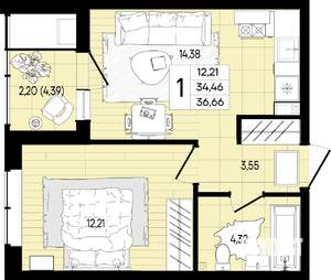 1-к квартира, вторичка, 37м2, 1/9 этаж