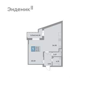 1-к квартира, вторичка, 60м2, 1/12 этаж