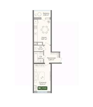 1-к квартира, вторичка, 38м2, 8/10 этаж