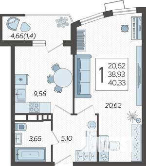 1-к квартира, вторичка, 40м2, 18/21 этаж
