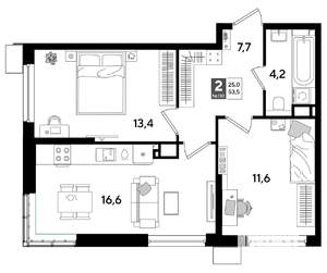 2-к квартира, строящийся дом, 54м2, 14/16 этаж