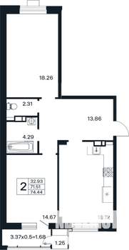 2-к квартира, вторичка, 74м2, 5/12 этаж