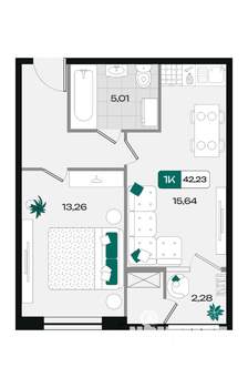 1-к квартира, вторичка, 42м2, 1/18 этаж