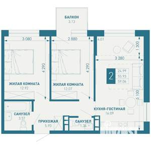 2-к квартира, вторичка, 59м2, 9/18 этаж