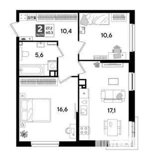 2-к квартира, строящийся дом, 60м2, 7/16 этаж