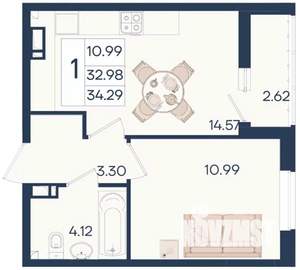 1-к квартира, вторичка, 34м2, 6/18 этаж
