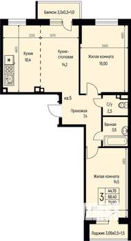 3-к квартира, строящийся дом, 71м2, 2/3 этаж