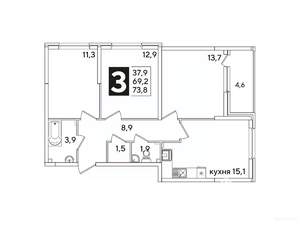 3-к квартира, вторичка, 73м2, 15/16 этаж