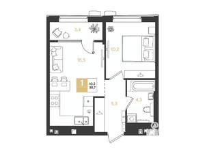 1-к квартира, строящийся дом, 39м2, 2/9 этаж